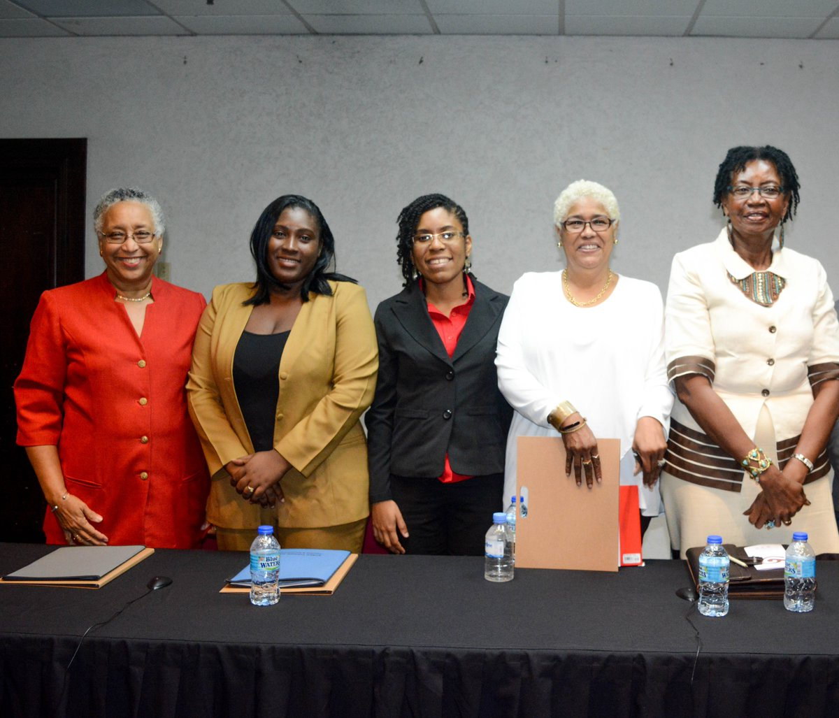 The Panellists with the Chairman of the National Trust . L-R: Ms Maraget Mc Dowall (Chairman, National Trust of Trinidad and Tobago), Ms Esther Vidale (Secretary, Nature Seekers Turtle Trust Board), Ms Johanne Ryan (Conservation Officer, Asa Wright Nature Centre), Ms Rudylynn De Four Roberts (President, International Council on Monuments and Sites (ICOMOS) Trinidad and Tobago) and Dr Rita Pemberton (Former Senior Lecturer, UWI, St Augustine and Independent Researcher)
