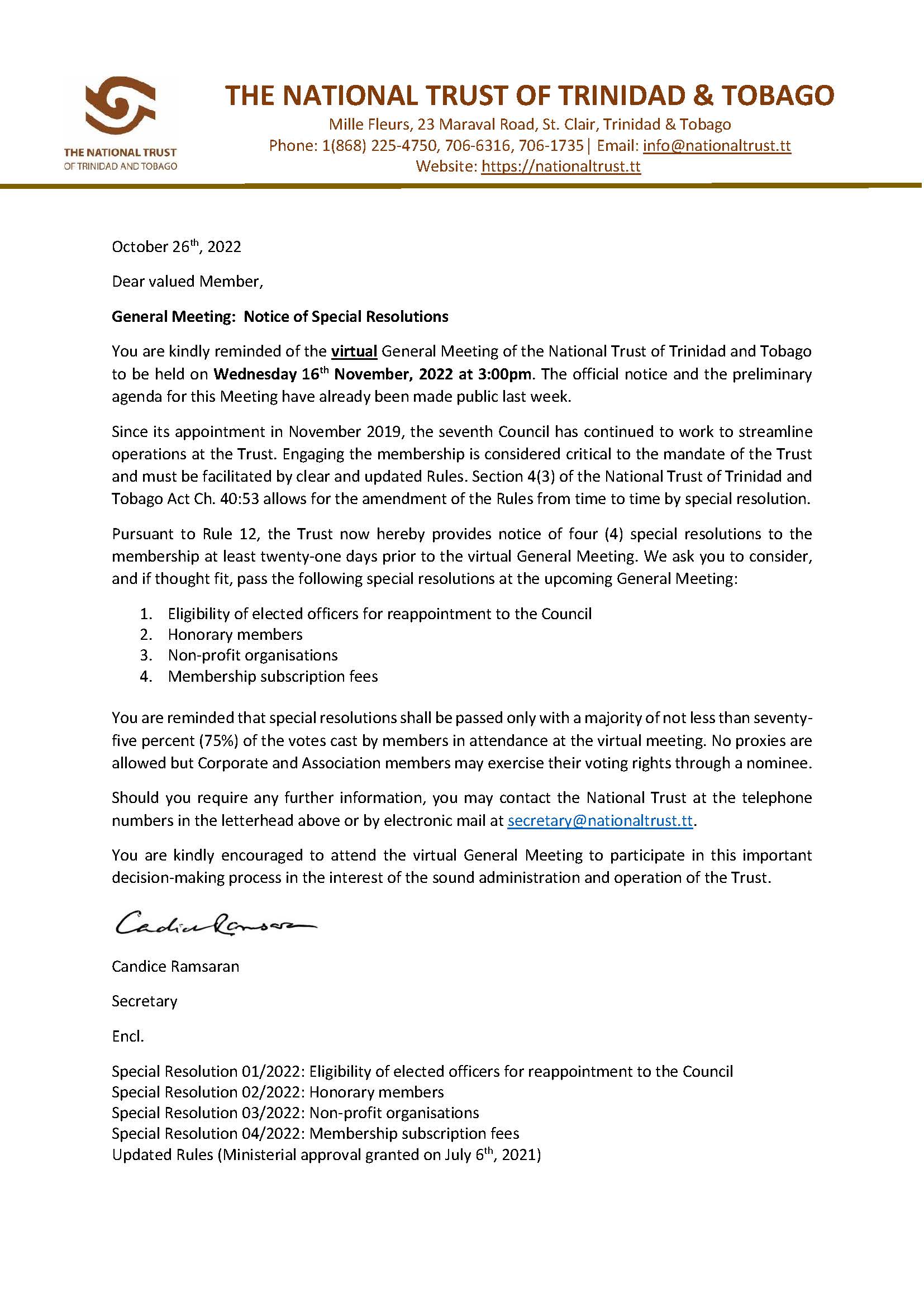 Notice of Special Resolutions