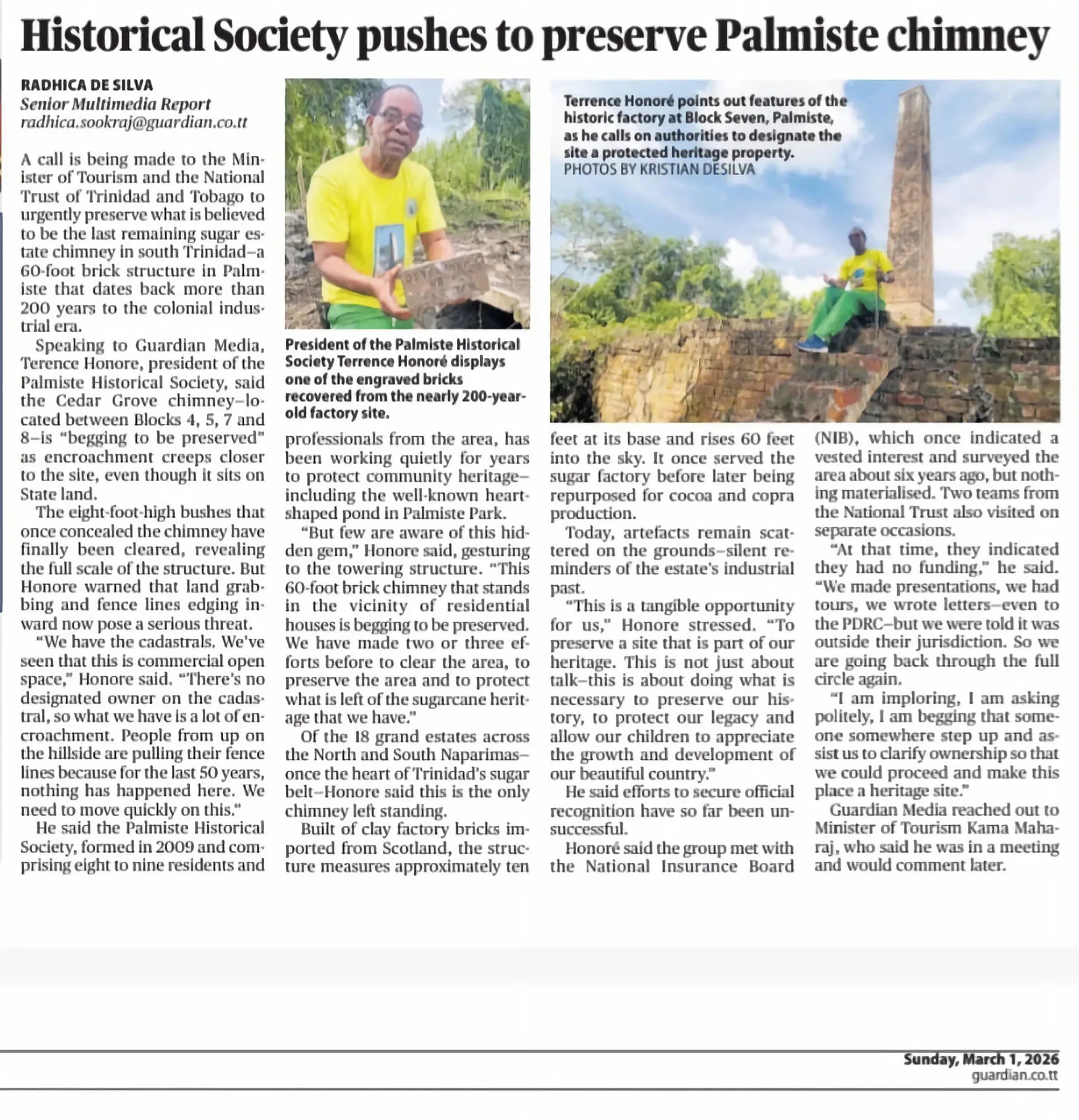 The National Trust Responds to 1st March Sunday Guardian Article on Cedar Grove Sugar Estate Remains